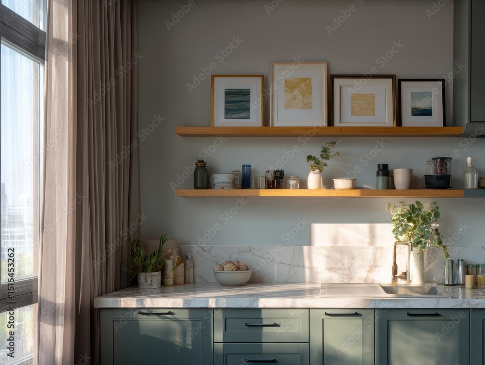 Fototapeta premium A kitchen with a white countertop and cabinets. A window is open and the sunlight is shining on the countertop. There are several framed pictures on the wall and shelves