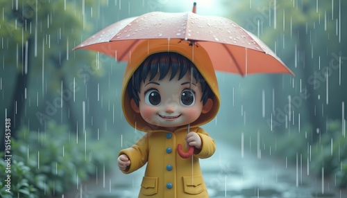 A cartoon boy in a yellow raincoat  orange umbrella stands in the rain