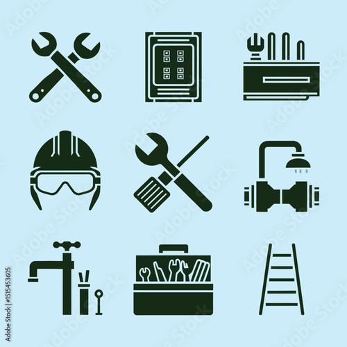  vector icons representing home fix and factory maintenance, gas and electricity maintenance                              
