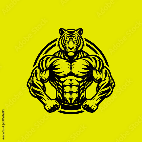 Tiger Superhero Vector Illustration with Muscular Body and Cape in Black on Yellow Background Powerful Animal Character Design
