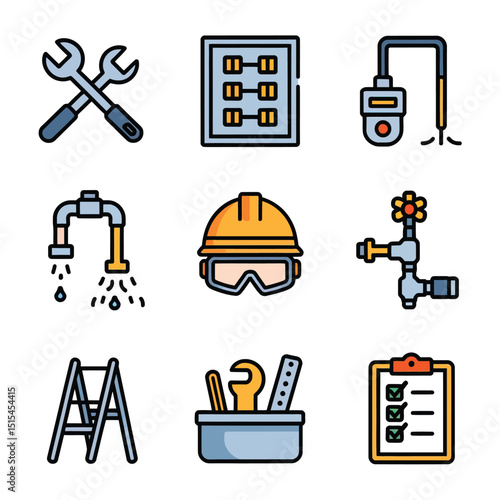  vector icons representing home fix and factory maintenance, gas and electricity maintenance                              

