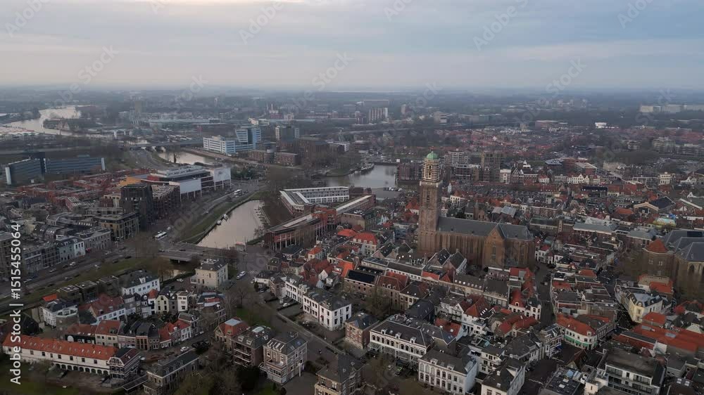Zwolle old historic city center and city walls overhead skyline. Canal around city with rich history, Pepperbus church tower, Sassenpoort, Onze Lieve Vrouwebasiliek aerial Zwolle old historic city center and city walls overhead skyline. Canal around city with rich history, Pepperbus church tower, Sassenpoort, Onze Lieve Vrouwebasiliek aerial