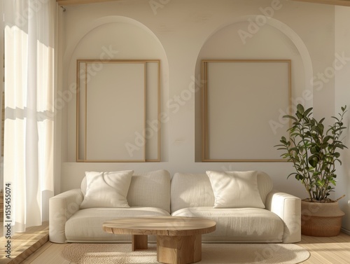 Wallpaper Mural A white couch is in a room with a wooden coffee table. There is a potted plant on the right side of the couch Torontodigital.ca