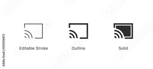Screencast icons. Set of minimalist screen cast icons in editable stroke, outline, and solid styles. Ideal for UI/UX design, apps, and smart device interfaces