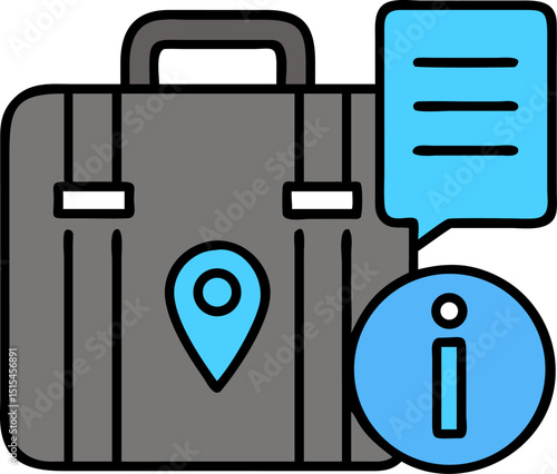 Briefcase - Location - Info Vector Icon. Shows a gray briefcase with a blue location sign, information sign, and speech bubble. Editable vectors. Vector illustrations.