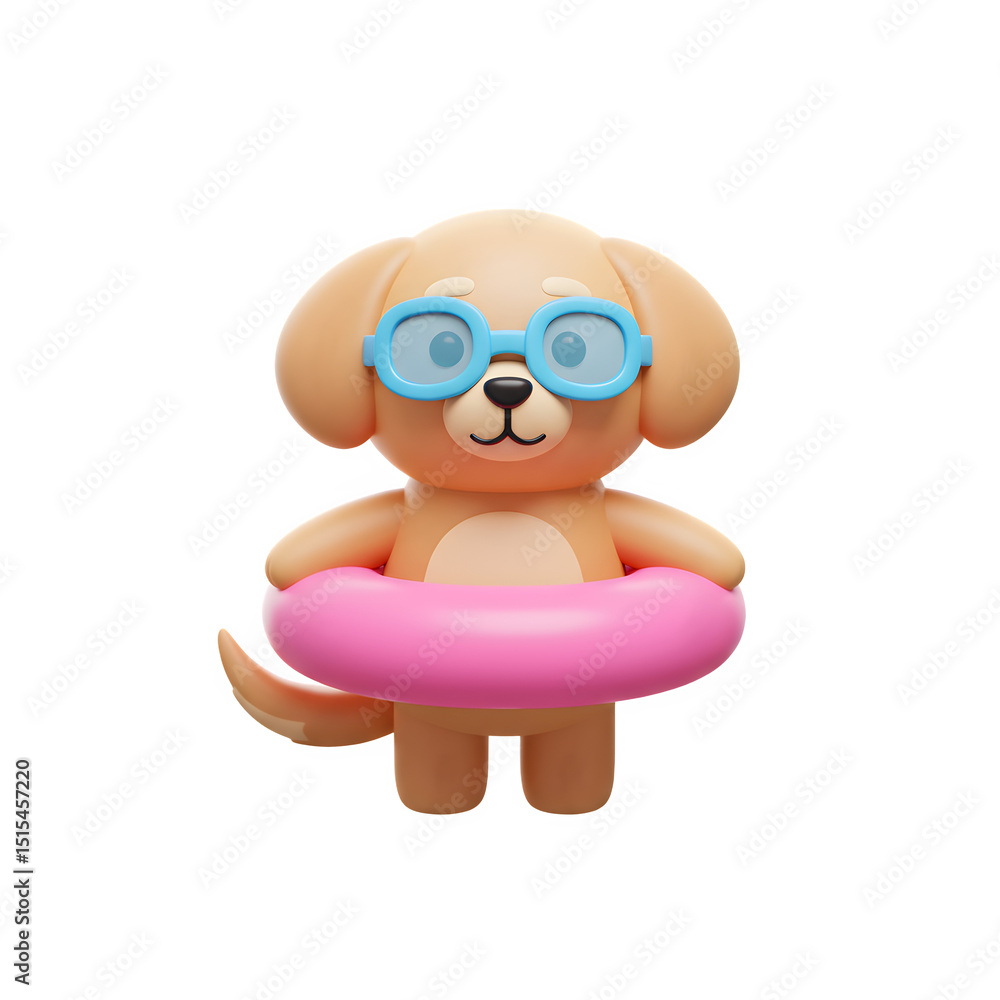 Naklejka premium 3D cute brown golden retriever puppy wearing swimming goggles and pink pool tube on summer vacation