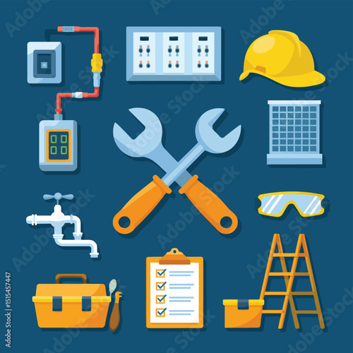  vector icons representing home fix and factory maintenance, gas and electricity maintenance                              
