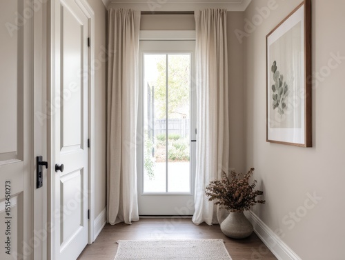 A hallway with a white door and a white curtain. A vase with flowers is on the floor