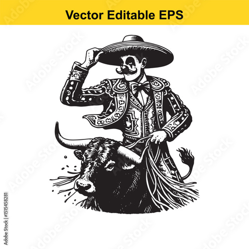 A matador in a wide-brimmed hat riding a bull, a black and white vector illustration