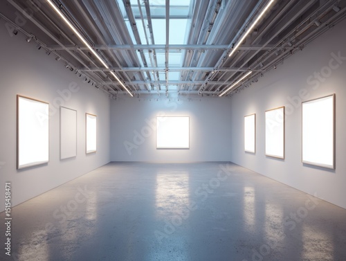 A large room with white walls and a white ceiling. There are five empty picture frames on the wall