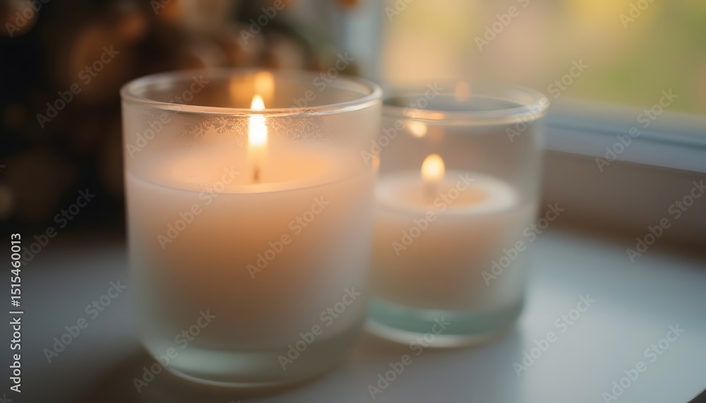 Two lit candles in frosted glass jars sit on a windowsill with a blurred background Two lit candles in frosted glass jars sit on a windowsill with a blurred background