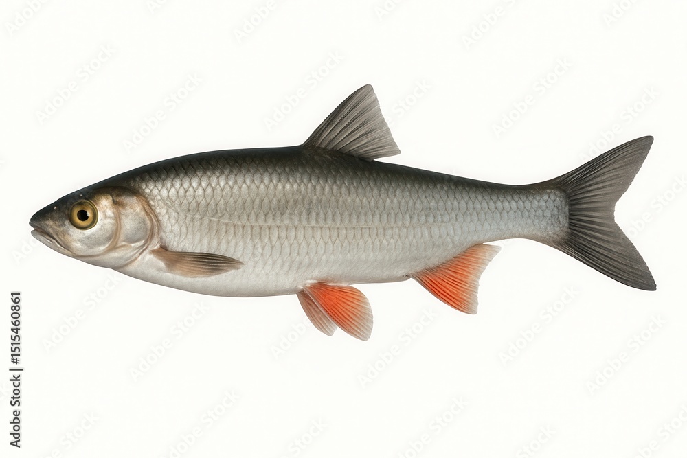 Common roach fish swimming underwater on white background Common roach fish swimming underwater on white background