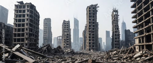 Desolate urban landscape with crumbling buildings and debris