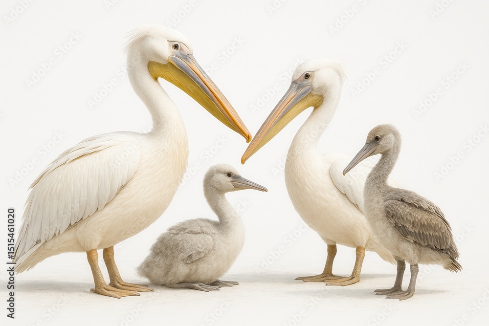 Fototapeta premium Pelican family posing on white background