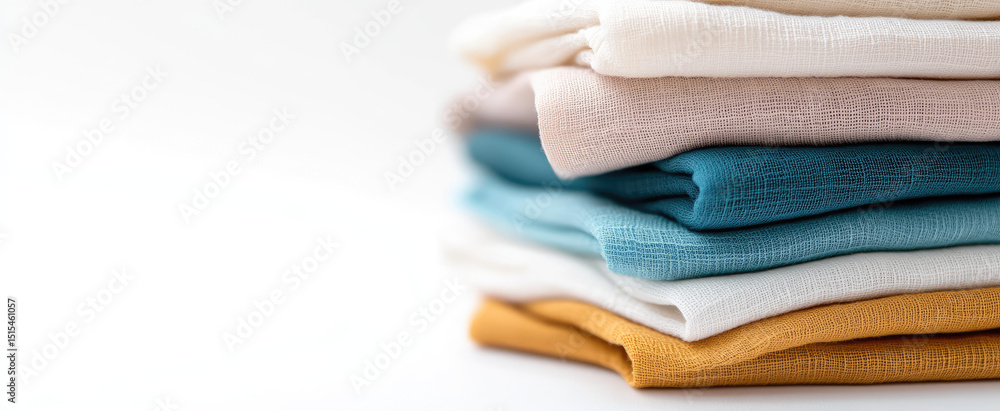 A stack of neatly folded colorful fabric lies on a flat surface. Textile variety and organization A stack of neatly folded colorful fabric lies on a flat surface. Textile variety and organization