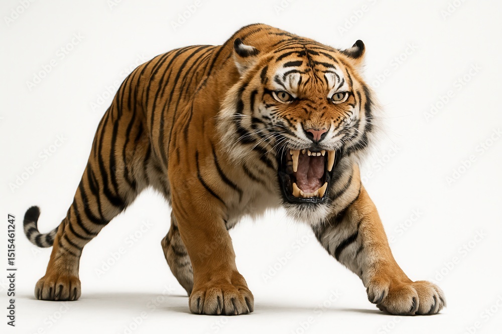 Obraz premium Aggressive tiger roaring and walking on white background