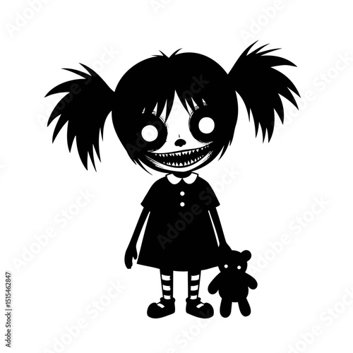 Silhouette of creepy girl with pigtails holding teddy bear