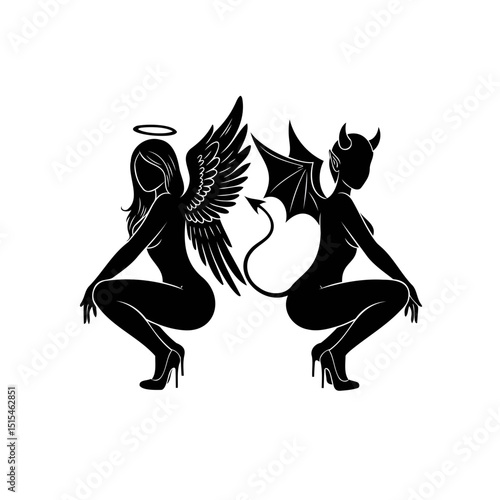 Silhouette of angel and demon women squatting back to back