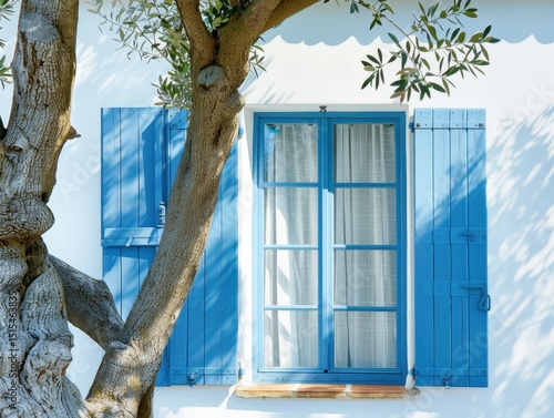 A beautiful blue window with white curtains is situated in front of a large tree. The tree is positioned behind the window, creating a lovely view for anyone inside the house