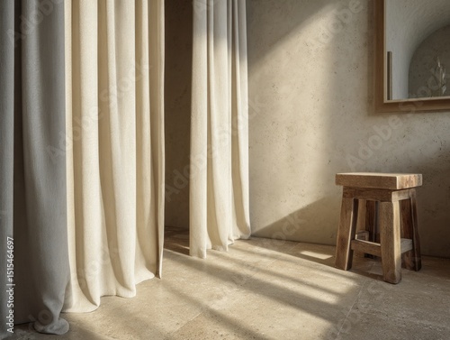 A wooden stool is sitting in front of a curtain. The curtain is white and is hanging over the stool