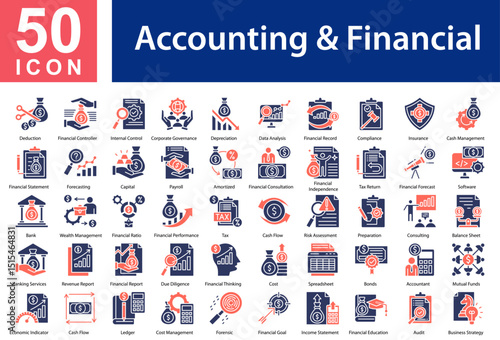 Accounting & Financial Collection of Icons with Colorful Glyphs. Containing: Deduction  ,Financial Controller  ,Internal Control  ,Corporate Governance  ,Depreciation  ,Data Analysis