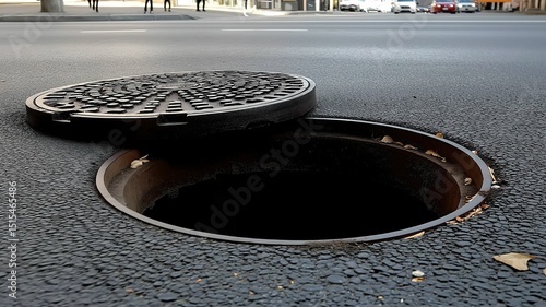 Close up open manhole cover on the road. Sewer Repair. Road Hazard