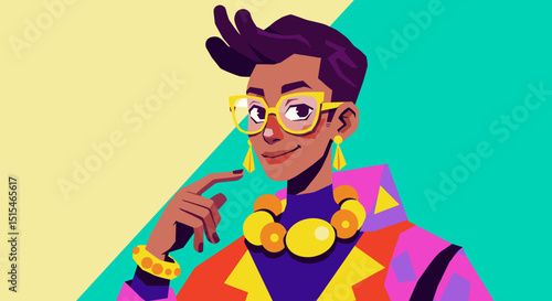 Stylish young person posing with accessories in colorful illustration  