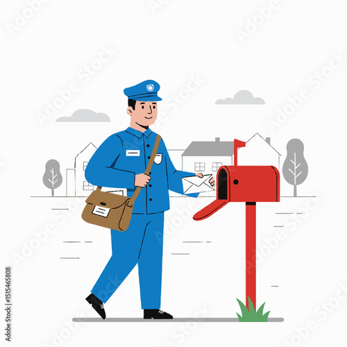 Cartoon postman delivering letters to a mailbox, uniform and mailbag visible, neighborhood street in the background, white background, vector illustration, minimalistic style.