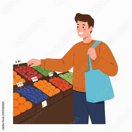 Cartoon man grocery shopping with a reusable bag, selecting fruits at a market stall, happy expression, everyday life scene, white background, vector illustration style.