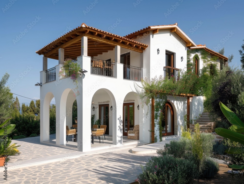 A large white house with a green roof. The house has a balcony and a patio. There are several potted plants and a few chairs around the house A large white house with a green roof. The house has a balcony and a patio. There are several potted plants and a few chairs around the house