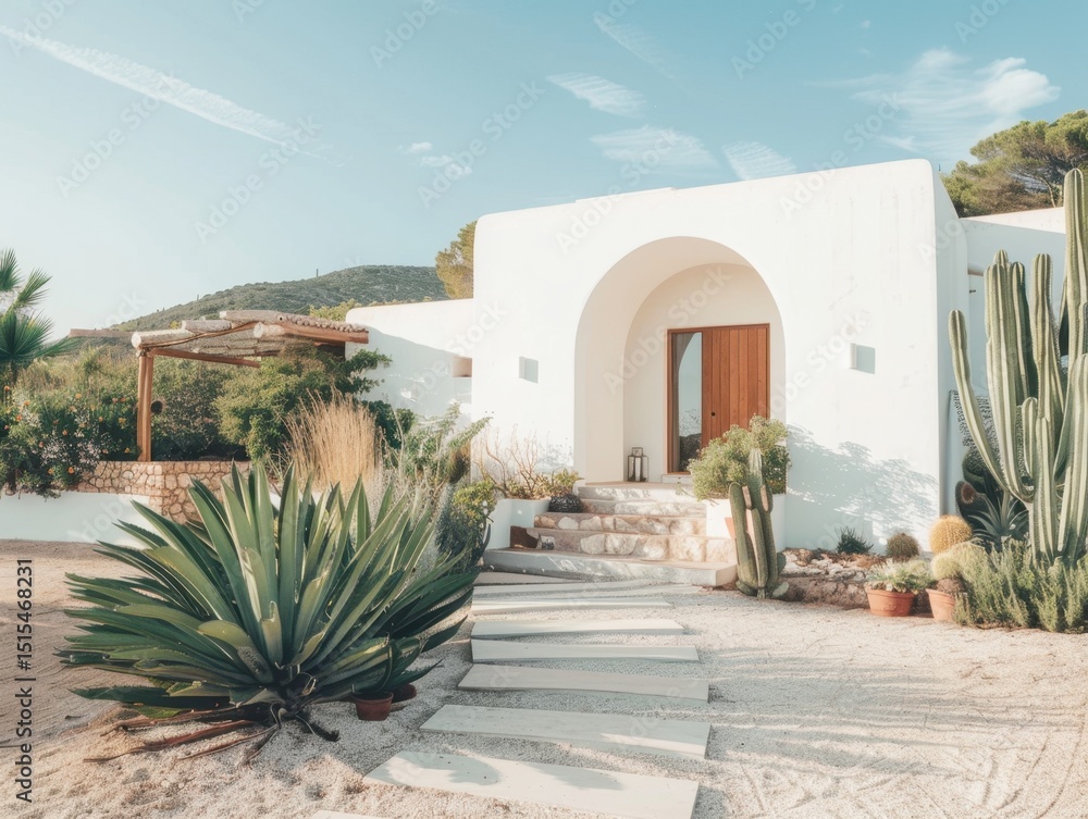 Naklejka premium A white house with a large archway and a large cactus in front of it. The house is surrounded by a garden with many plants