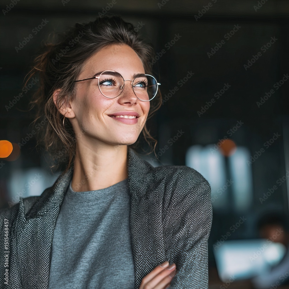 A confident woman in glasses, smiling with arms crossed, looking away, embodies poise and intelligence. The image captures a moment of thoughtful optimism A confident woman in glasses, smiling with arms crossed, looking away, embodies poise and intelligence. The image captures a moment of thoughtful optimism