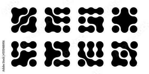 Set of metaball pattern samples. Fluid drops or morph shapes background. Organic blobs, neurons or molecules isolated on white background. Connected dots print. Vector graphic illustration.
