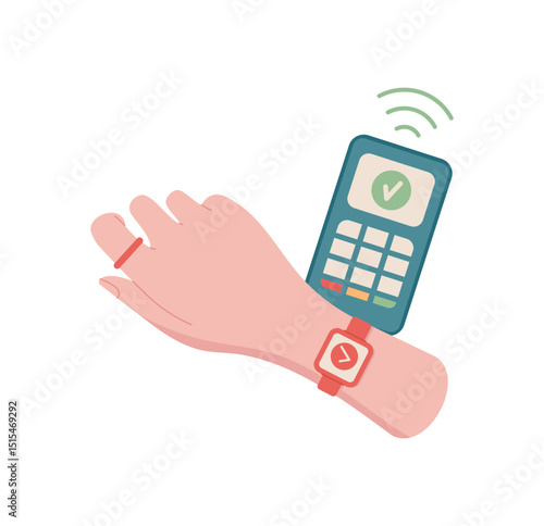 Hand holding smartwatch for payment. Gesture of cash transfer. Digital device icon, flat graphic style, suitable for business or finance concepts. Ideal for illustrating payment methods or economic