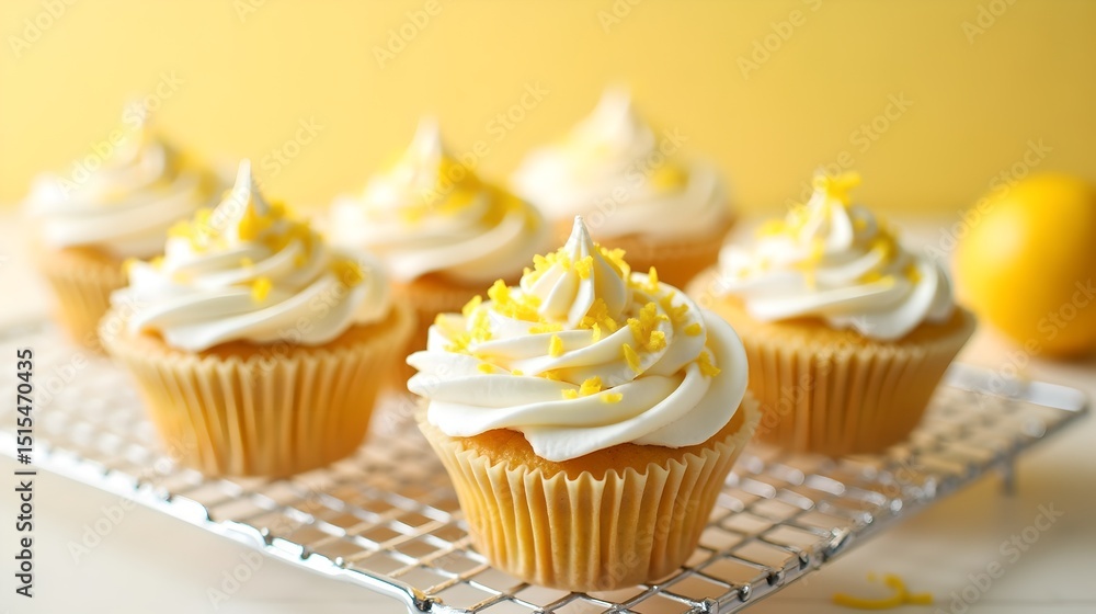 Lemon Cupcakes with Fluffy Frosting and Zest – Bright and Fresh Baked Dessert on Cooling Rack Lemon Cupcakes with Fluffy Frosting and Zest – Bright and Fresh Baked Dessert on Cooling Rack