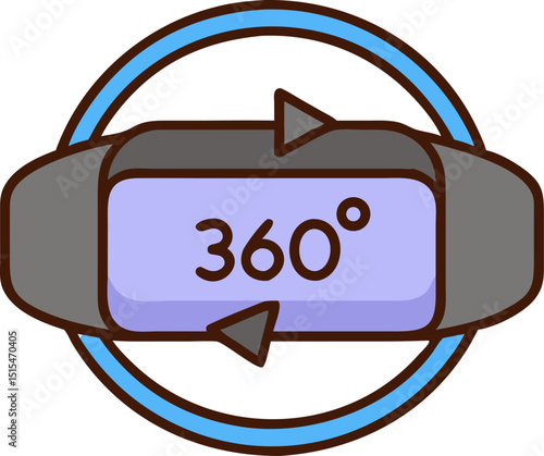 Virtual - Reality - 360 - Degree - related Vector Icon. Features a virtual reality headset with "360°" displayed on the screen, surrounded by a blue circle with arrows. Editable graphics. Vector illus