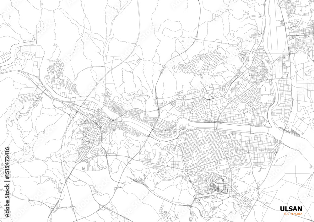 Fototapeta premium zoomed in vector highway map of ulsan city with black and white color