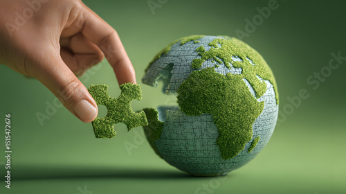 Human hand assembling a green Earth globe puzzle. A concept for environmental sustainability, global solutions, and ecological care.