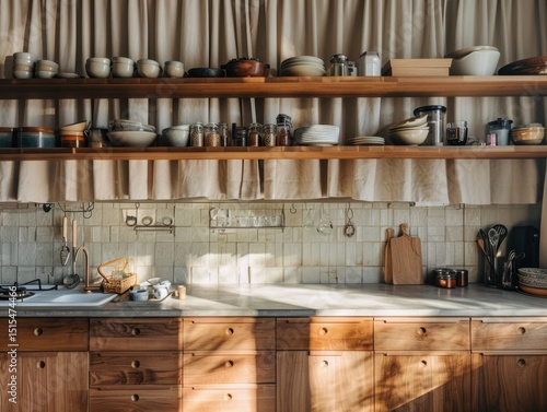 A kitchen with a wooden counter and shelves. There are many bowls and plates on the shelves. A wooden cutting board is on the counter
