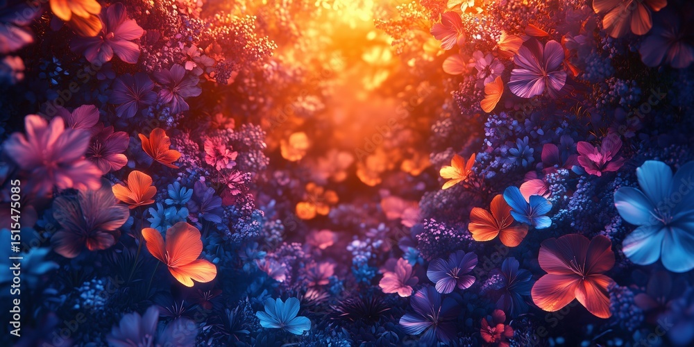 Obraz premium Mysterious luminant colourful forest background illustration. Features a forest floor covered in vibrant glowing flowers and foliage in orange, pink, purple, and blue.