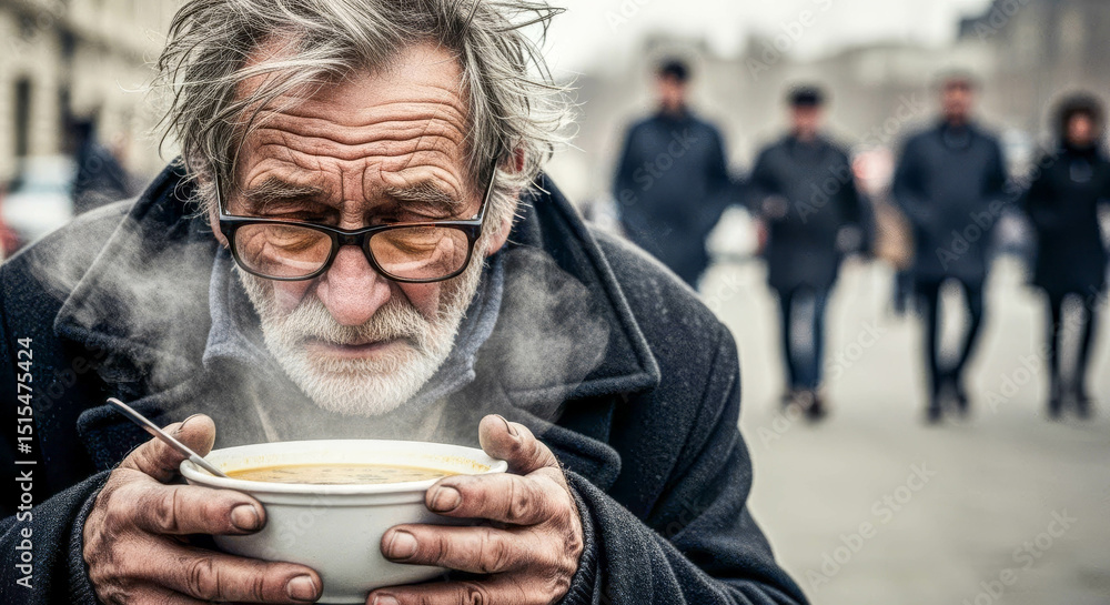 Elderly man with glasses is holding a steaming bowl of soup in an urban setting, surrounded by blurred figures walking by Elderly man with glasses is holding a steaming bowl of soup in an urban setting, surrounded by blurred figures walking by