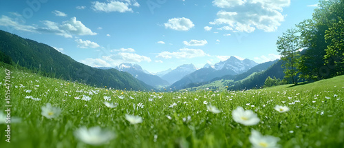 Beautiful Alpine Meadow With White Flowers Under Sunny Blue Sky