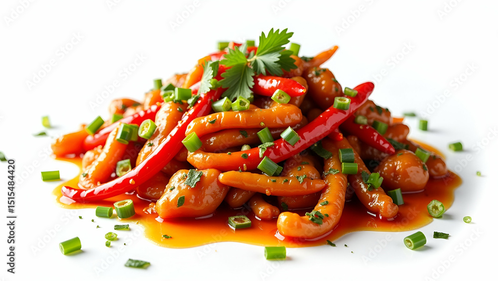 Spicy Chinese Cuisine: Vibrant Dishes with Chili Oil and Aromatic Herbs for Restaurant Menus and Gourmet Blogs - Isolated on White Spicy Chinese Cuisine: Vibrant Dishes with Chili Oil and Aromatic Herbs for Restaurant Menus and Gourmet Blogs - Isolated on White