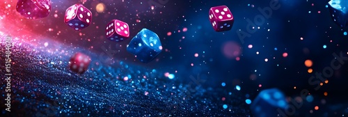 Dice dance in a cosmic swirl of pink and blue sparkling with luck