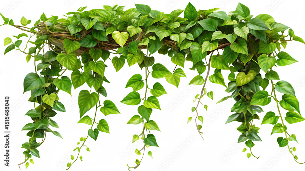 Lush green pothos vine with heart-shaped leaves against a transparent background Lush green pothos vine with heart-shaped leaves against a transparent background