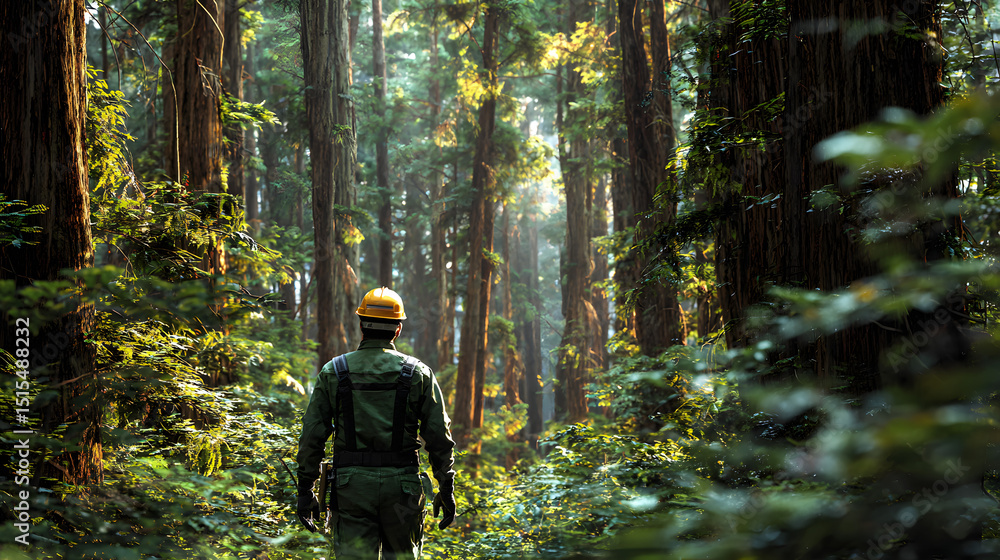 Naklejka premium A lone forester in protective gear walking through a majestic, sunlit old-growth forest of giant trees.