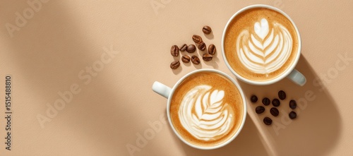 Wallpaper Mural Two latte art coffees with beans on beige Torontodigital.ca