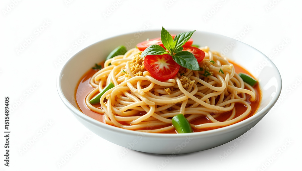 Realistic Close-Up of Glossy Thai Noodles with Vibrant Vegetables on White Background - Perfect for Food Photography, Recipe Blogs, and Restaurant Menus - Space for Text Realistic Close-Up of Glossy Thai Noodles with Vibrant Vegetables on White Background - Perfect for Food Photography, Recipe Blogs, and Restaurant Menus - Space for Text