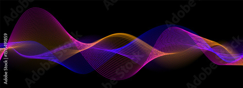 Neon sound wave on black background. Abstract flowing wavy dot lines design for ai concept, eq equalizer, audio record, voice assistant. Blue pink purple gradient dashed curve stripe wallpaper. Vector