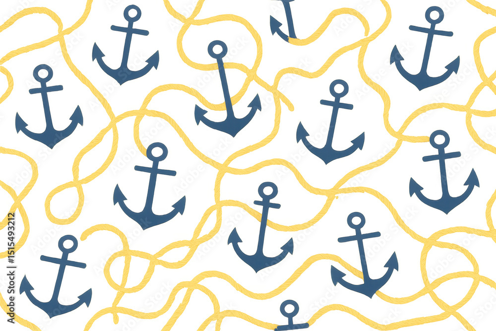 Nautical seamless pattern with stylized blue anchors, yellow ropes interconnecting across transparent backdrop, maritime design element Nautical seamless pattern with stylized blue anchors, yellow ropes interconnecting across transparent backdrop, maritime design element
